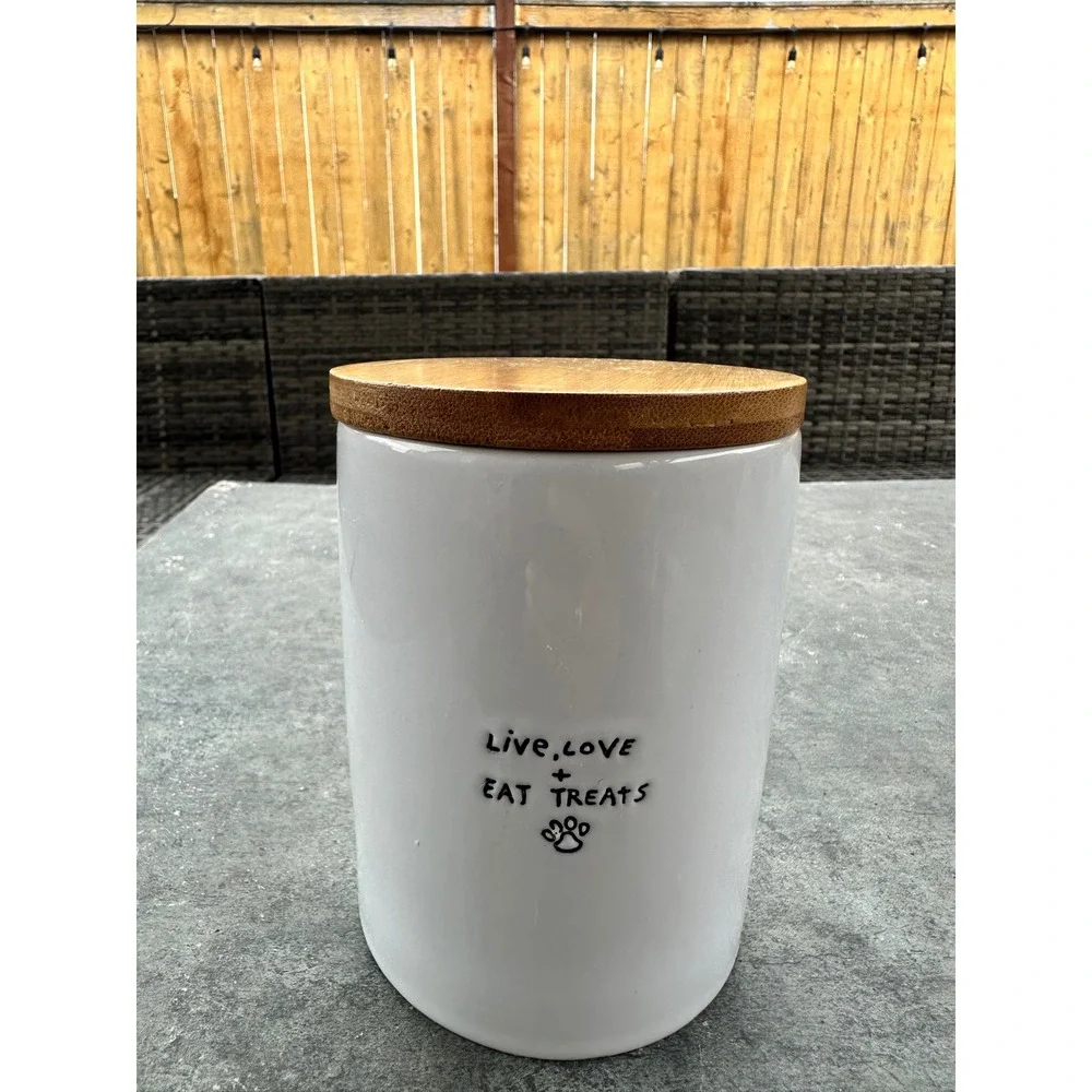 Harmony White Ceramic Pet Treat Jar with Bamboo Lid Live Love Eat Treats 6 inch